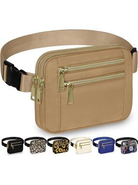 Women's Khaki Waterproof Fanny Pack 4 Zip Pocket Adjustable Crossbody Bag
